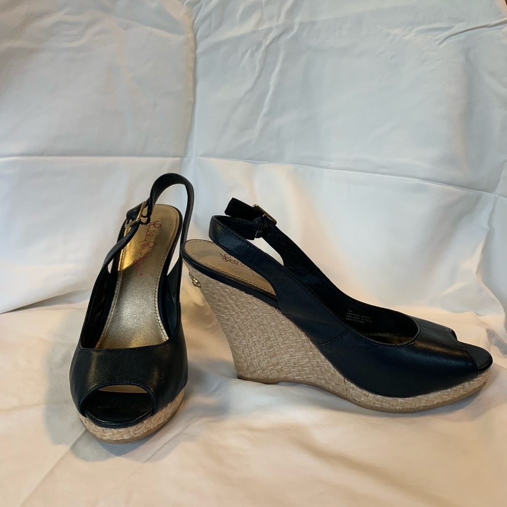 Lilly Pulitzer Navy Leather Wedges size 7
